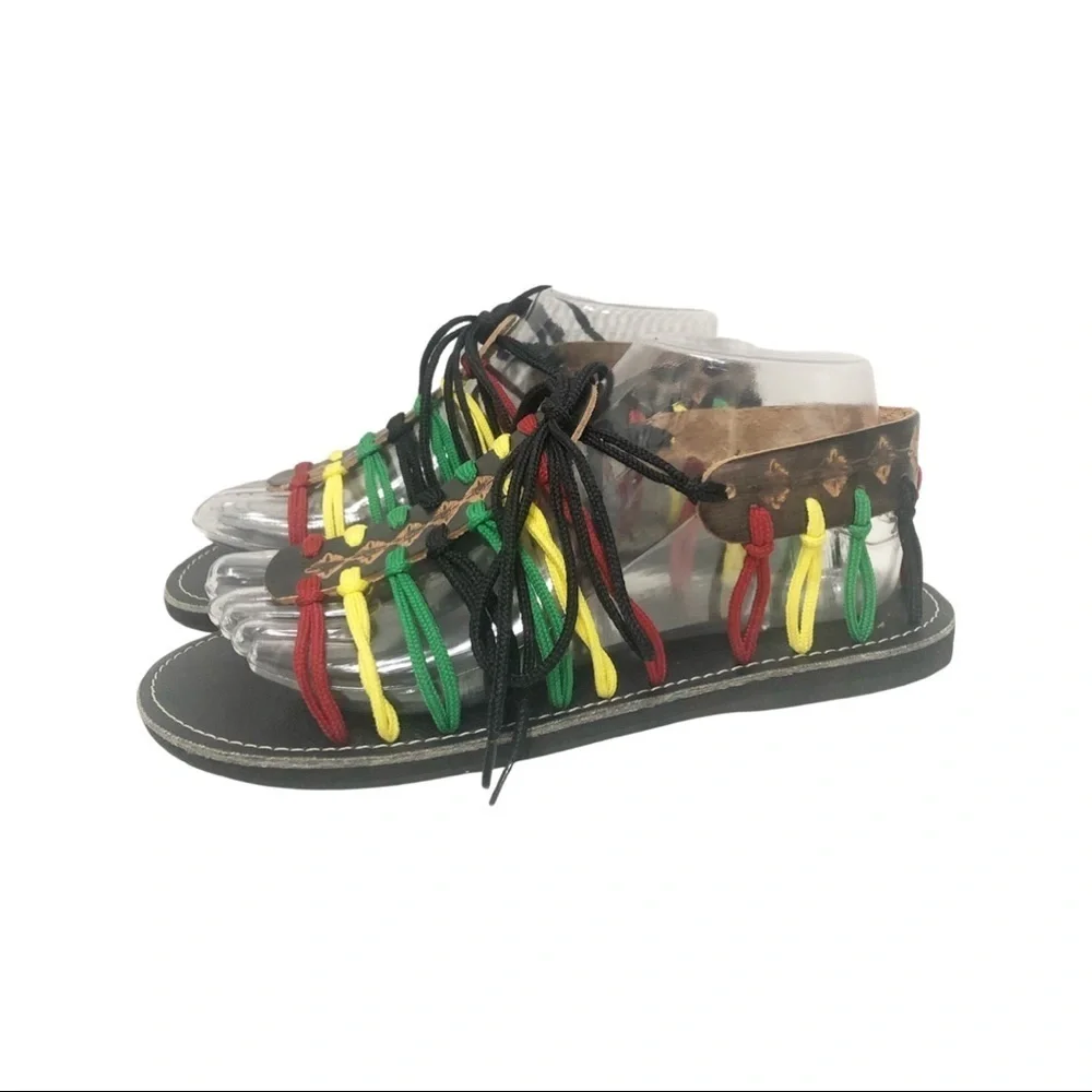 Reggae Rasta summer sandals leather and cloth women size 7.5 or 24.5 CM